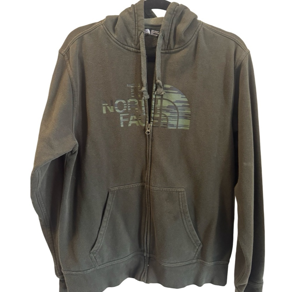 The North Face Spellout Hoodie Mens Medium Green Long Sleeve Full Zipper Pockets
